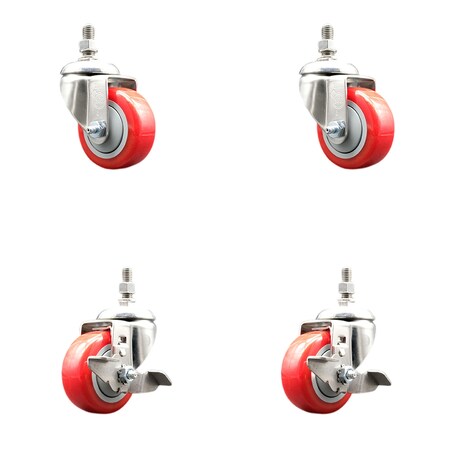 Service Caster 3 Inch 316SS Red Polyurethane Swivel 1/2 Inch Threaded Stem Caster Brakes, 2PK SS316TS20S314-PPUBRED-121315-2-TLB-2